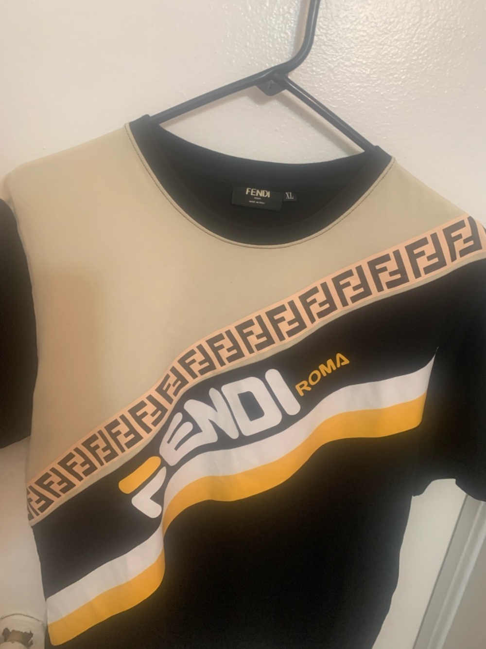 Fendi Black Collar Tee with Beige Body and Pink Logo Strip